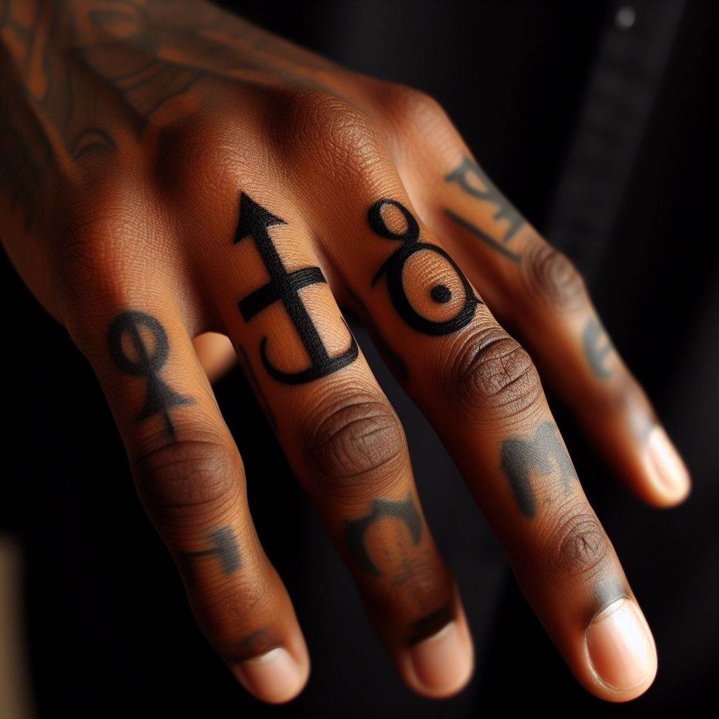 A small, bold tattoo of an initial or symbol on a man's finger, serving as a personal signature or reminder.