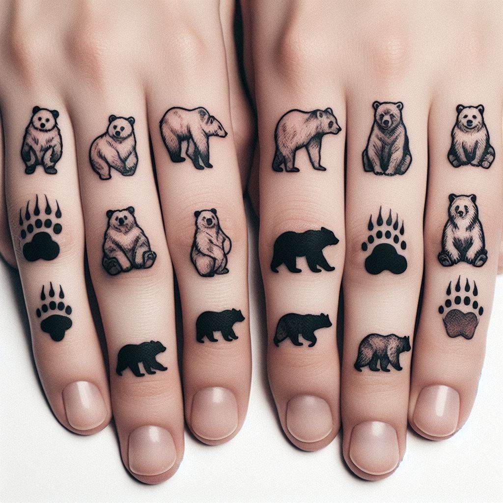 A series of small bear icons, each depicting a different bear posture or symbol, tattooed across the knuckles. From a bear paw to a tiny bear silhouette, each design is minimalist yet expressive, fitting neatly on each knuckle. This tattoo idea is unique, showcasing a love for bears in a subtle yet visually striking manner. The designs are detailed enough to be recognizable but simple enough to maintain clarity at a small scale.