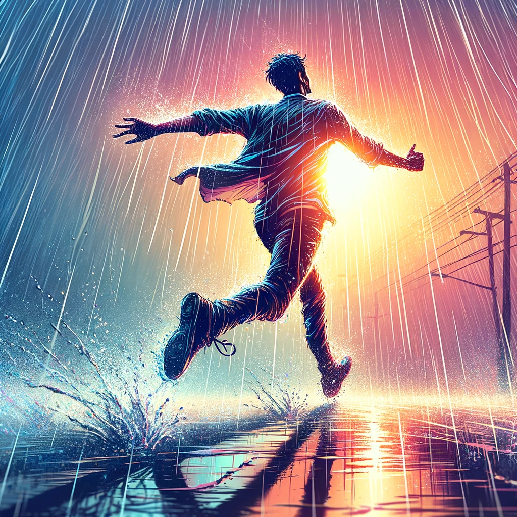 A person running joyfully in the rain, symbolizing perseverance and finding joy in challenges. The person is in mid-stride, with raindrops visibly falling around them. They appear carefree and energetic, possibly with arms outstretched or a big smile. The setting is an open space, like a park or a street, with a sense of movement and freedom. The rain adds a dynamic and refreshing element to the scene. At the bottom of the image, a caption reads, "Life isn't about waiting for the storm to pass, it's about learning to dance in the rain." The image is vibrant, lively, and uplifting.