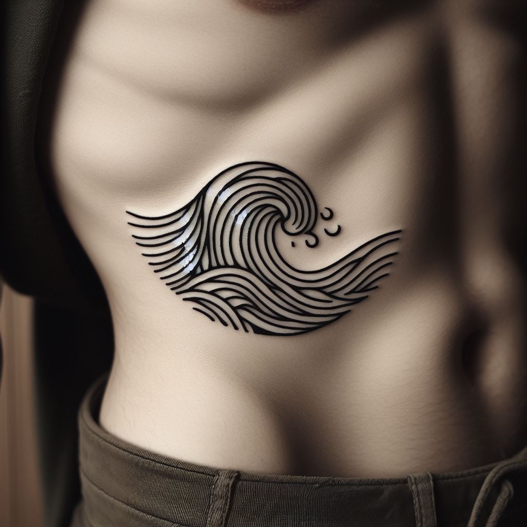 A small, line art tattoo of a wave on a man's ribs, capturing the essence of movement and change.