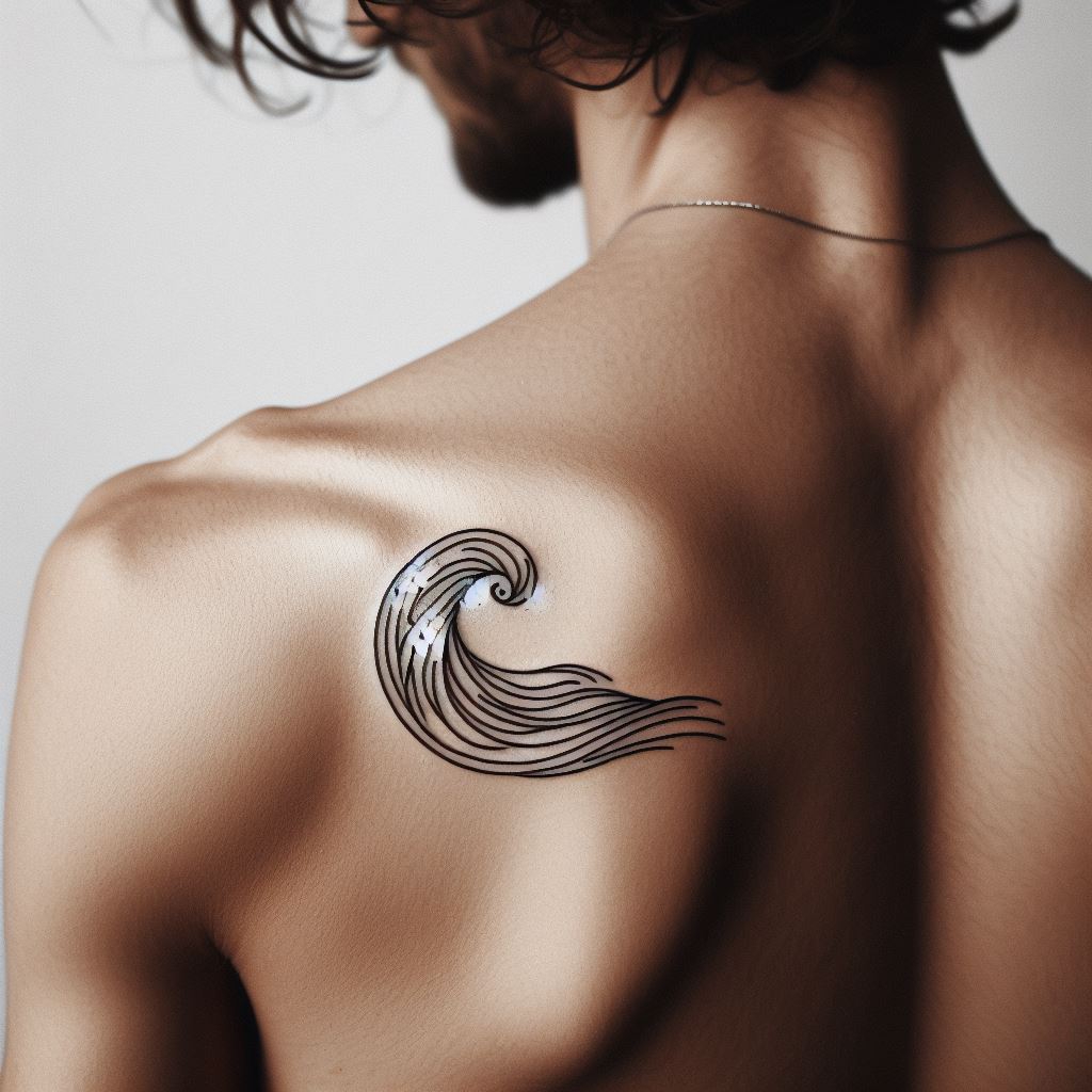 A small, line art tattoo of a wave on a man's ribs, capturing the essence of movement and change.