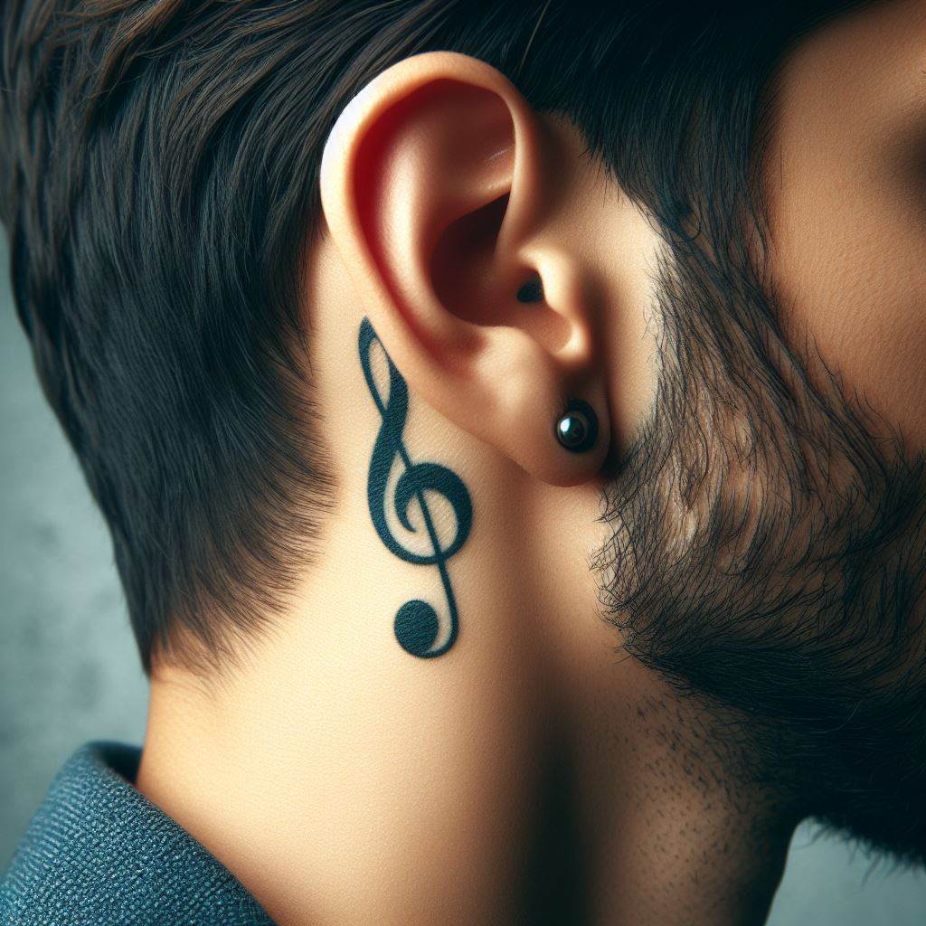 A small, discreet music note tattoo behind a man's ear, symbolizing a passion for music and sound.