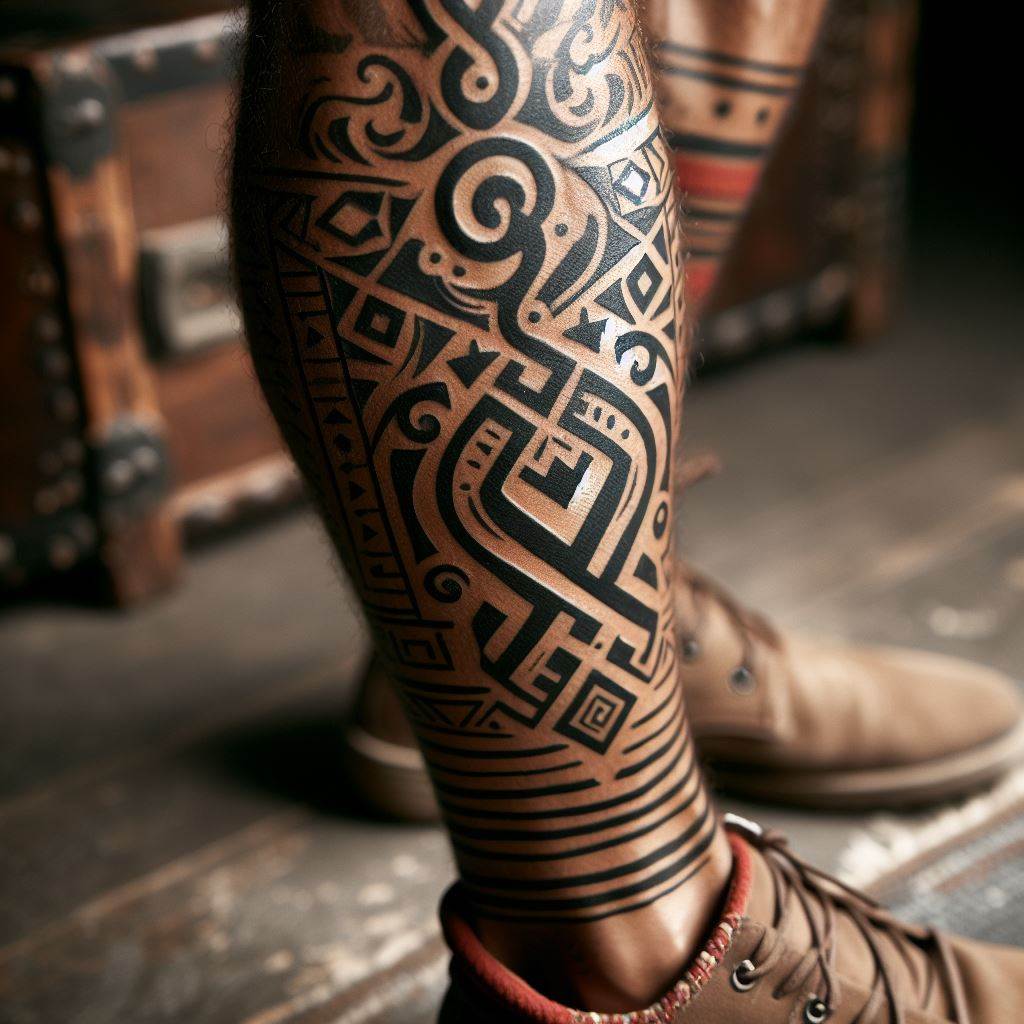 A small, tribal design tattoo on a man's calf, representing heritage and strength.