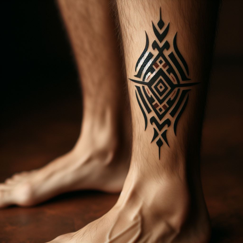 A small, tribal design tattoo on a man's calf, representing heritage and strength.