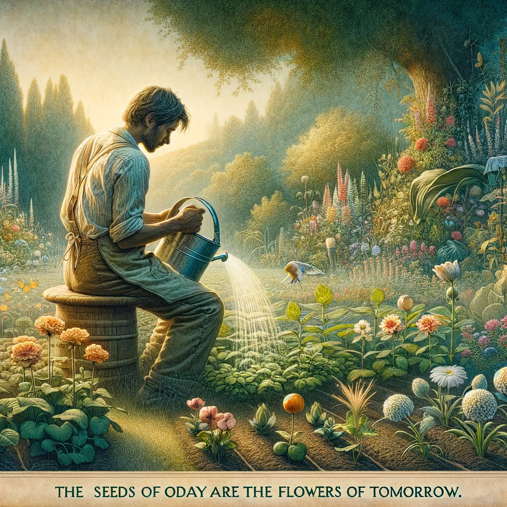 A gardener nurturing plants in a garden, representing growth and care. The gardener is attentively tending to the plants, perhaps watering them or pruning. The garden is lush and diverse, filled with a variety of flowers and plants, symbolizing a rich, nurturing environment. The gardener appears focused and content, embodying the care and dedication required in nurturing. The image has a peaceful and serene atmosphere. At the bottom of the image, a caption states, "The seeds of today are the flowers of tomorrow." The overall message is one of patience, care, and the rewards of diligent effort.