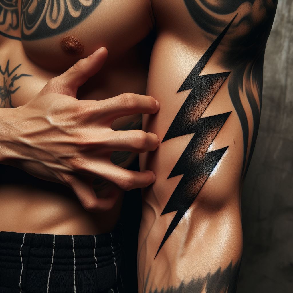 A small, powerful lightning bolt tattoo on a man's bicep, symbolizing energy and power.