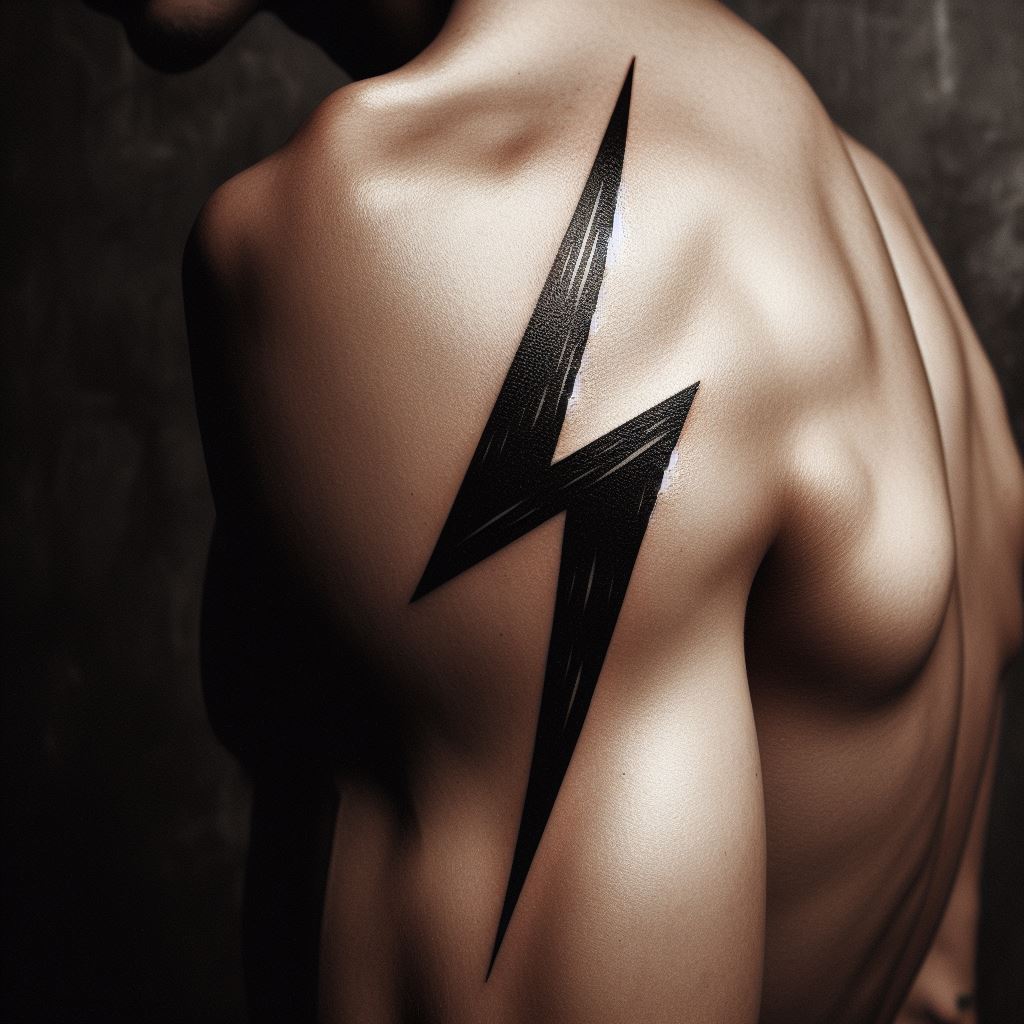 A small, powerful lightning bolt tattoo on a man's bicep, symbolizing energy and power.