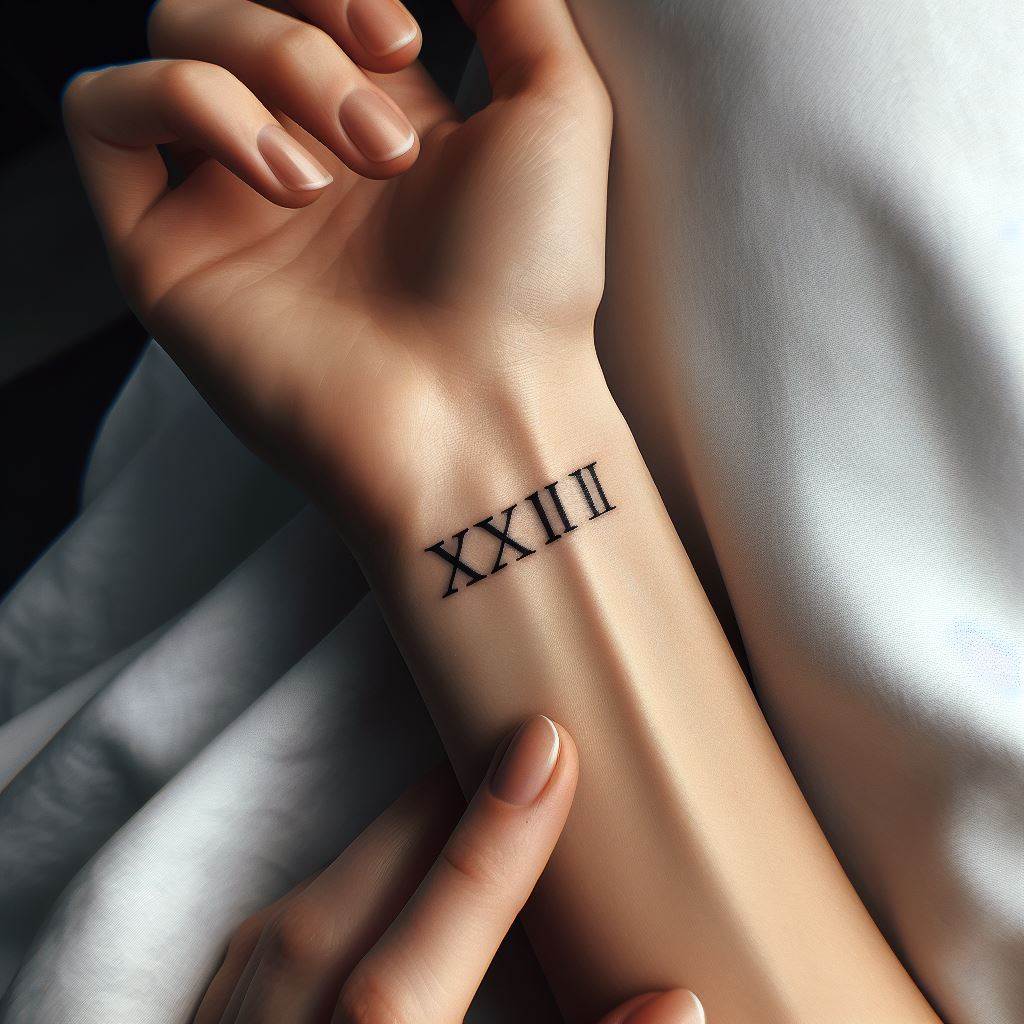 A small, elegant tattoo of a date in Roman numerals on a man's inner wrist, commemorating a significant moment or person.
