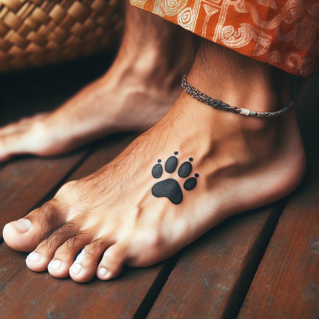 A small, playful tattoo of a tiny paw print on a man's foot, symbolizing a connection to nature or a pet.