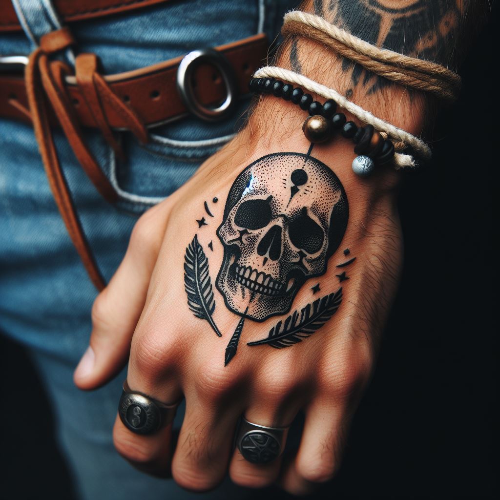 A small, eye-catching tattoo of a skull on a man's hand, denoting bravery and a fearless approach to life.