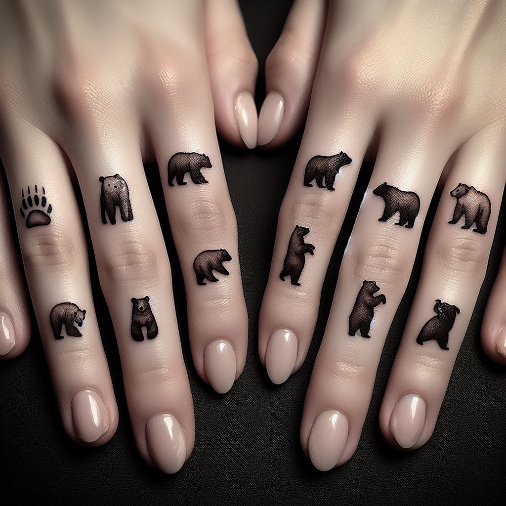 A series of small bear icons, each depicting a different bear posture or symbol, tattooed across the knuckles. From a bear paw to a tiny bear silhouette, each design is minimalist yet expressive, fitting neatly on each knuckle. This tattoo idea is unique, showcasing a love for bears in a subtle yet visually striking manner. The designs are detailed enough to be recognizable but simple enough to maintain clarity at a small scale.