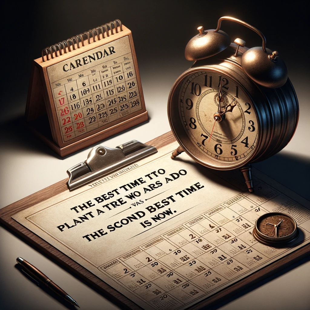 An image of a clock and a calendar, symbolizing time and urgency. The clock is showing a time, perhaps near an important hour like midnight or dawn, and the calendar is marked with various important dates, highlighting the passage of time. The items are placed on a simple background, maybe a desk or wall, to keep the focus on them. The image has a sense of urgency and importance, emphasizing the value of time. Below the image, a quote reads, "The best time to plant a tree was 20 years ago. The second best time is now." The message conveys motivation and the significance of acting in the present.