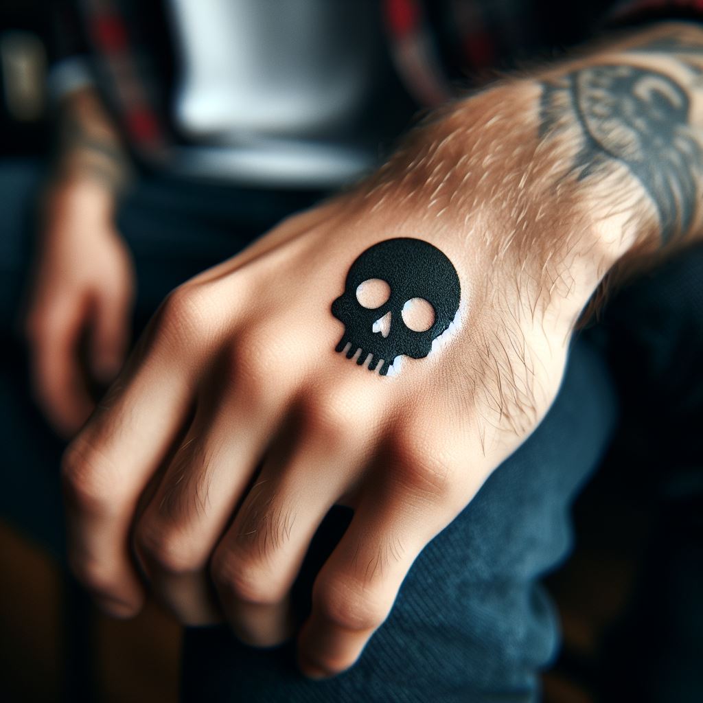 A small, eye-catching tattoo of a skull on a man's hand, denoting bravery and a fearless approach to life.