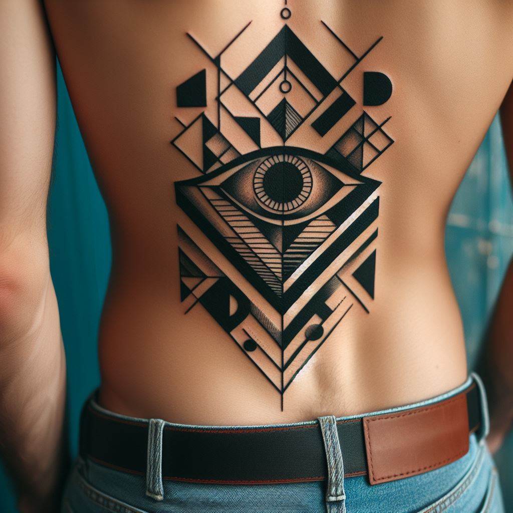 A small, abstract tattoo featuring geometric shapes on a man's lower back, expressing creativity and individuality.