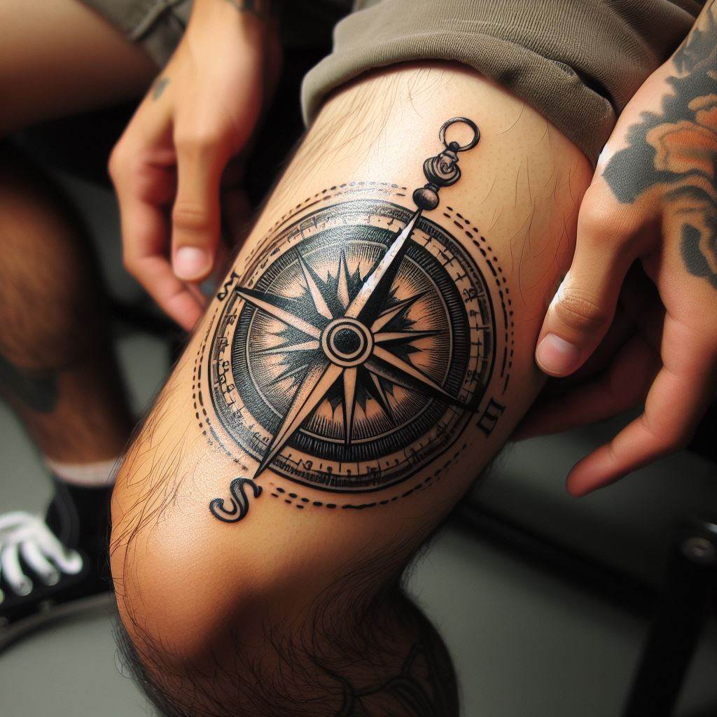 A small, bold tattoo of a compass around a man's knee, guiding him through life's journey.