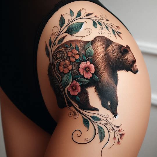 A tattoo of a bear merged with floral and nature elements, gracefully adorning the hip area. The bear's form is stylized and elegant, with flowers and leaves intertwined within its fur, symbolizing unity with nature and the growth that comes from resilience. The tattoo flows with the body's curves, offering a sensual and artistic expression of strength and beauty. The colors are soft and natural, enhancing the overall feminine vibe of the design.