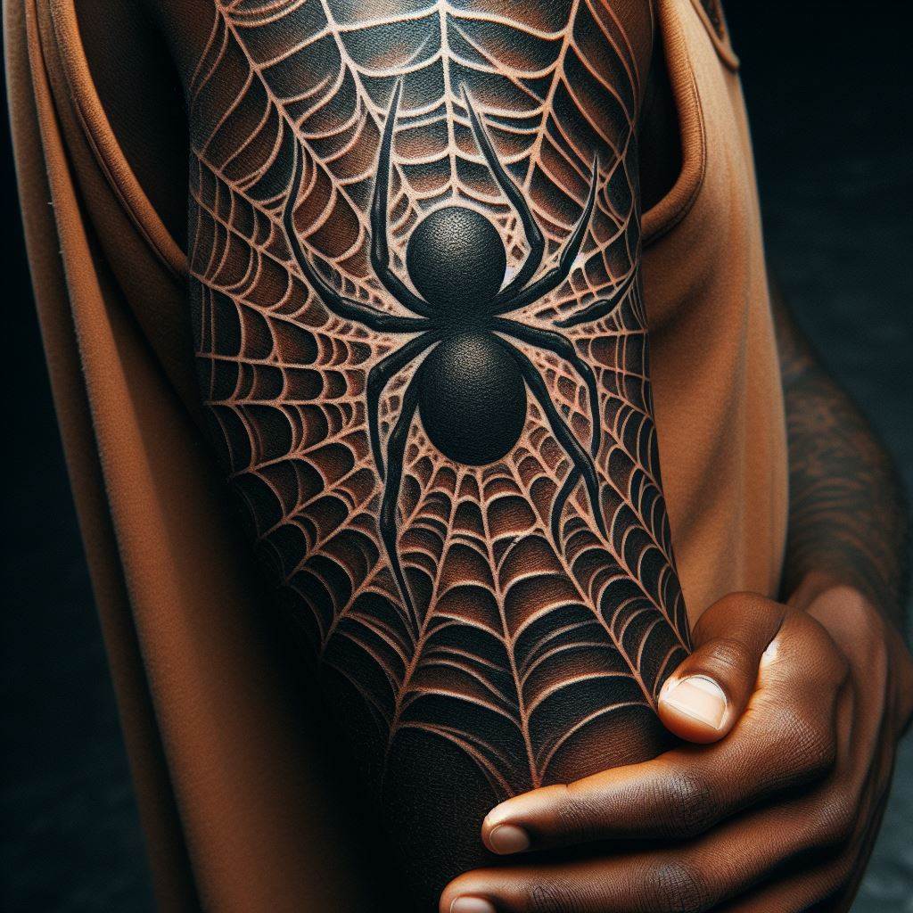 A small, distinctive spiderweb tattoo on a man's elbow, symbolizing complexity and entanglement in life's web.