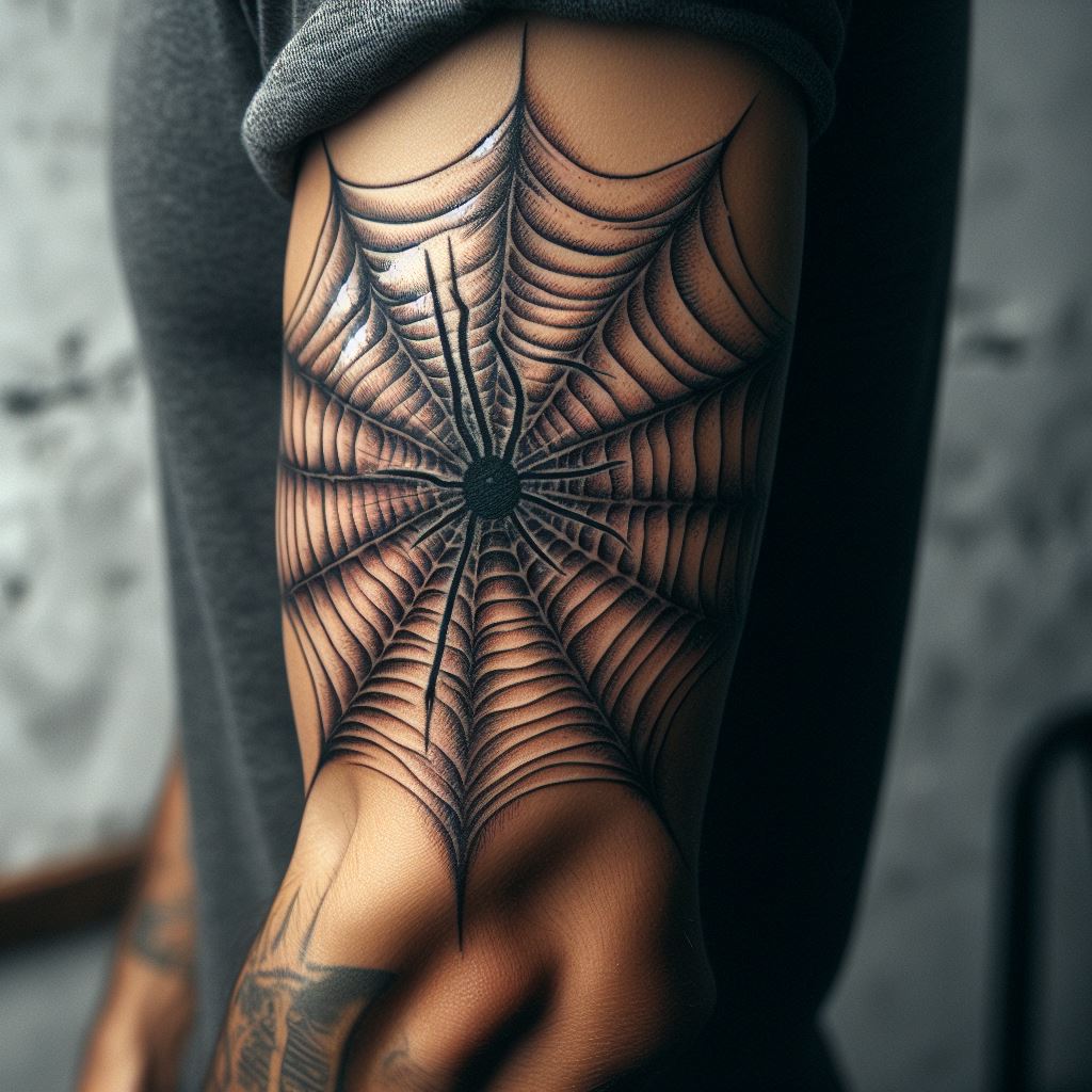 A small, distinctive spiderweb tattoo on a man's elbow, symbolizing complexity and entanglement in life's web.