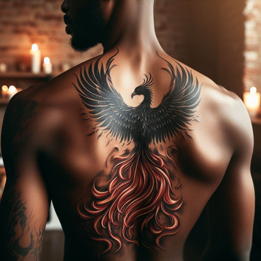 A small, detailed tattoo of a Phoenix rising from flames on a man's upper back, symbolizing rebirth and resilience.