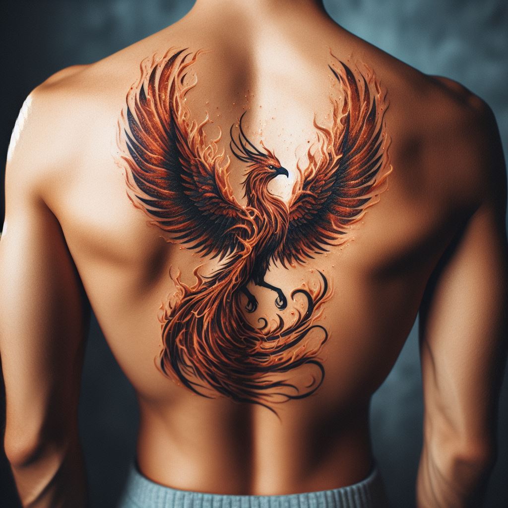 A small, detailed tattoo of a Phoenix rising from flames on a man's upper back, symbolizing rebirth and resilience.