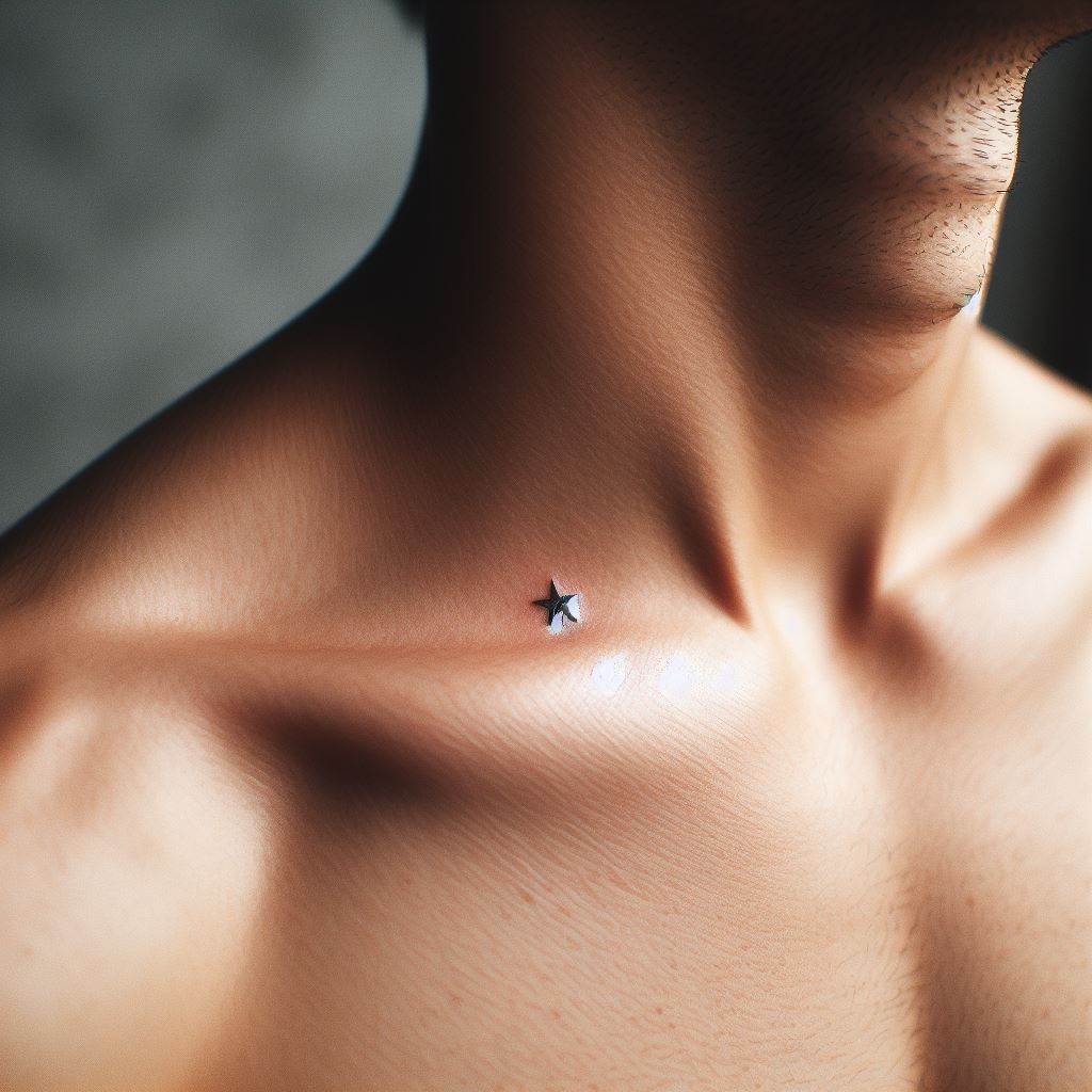 A small, subtle tattoo of a single star on a man's collarbone, representing hope and guidance.