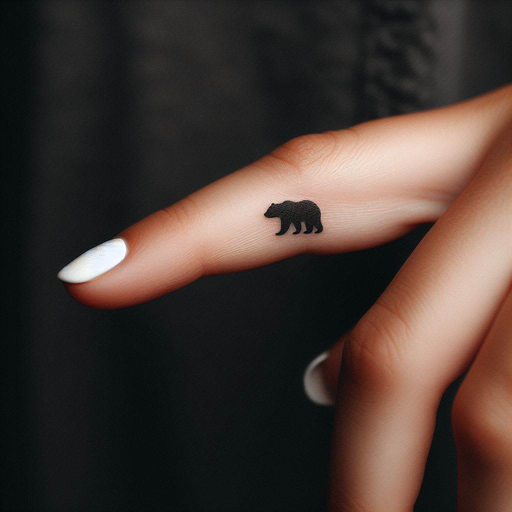 A delicate tattoo of a miniature bear silhouette on the side of a finger, small and discreet yet incredibly detailed. The bear stands in a serene posture, symbolizing strength in quiet confidence. This tattoo is perfect for those seeking a subtle nod to their admiration for bears, with the design being both minimalist and meaningful. The placement on the finger makes it a personal symbol, visible in everyday gestures.