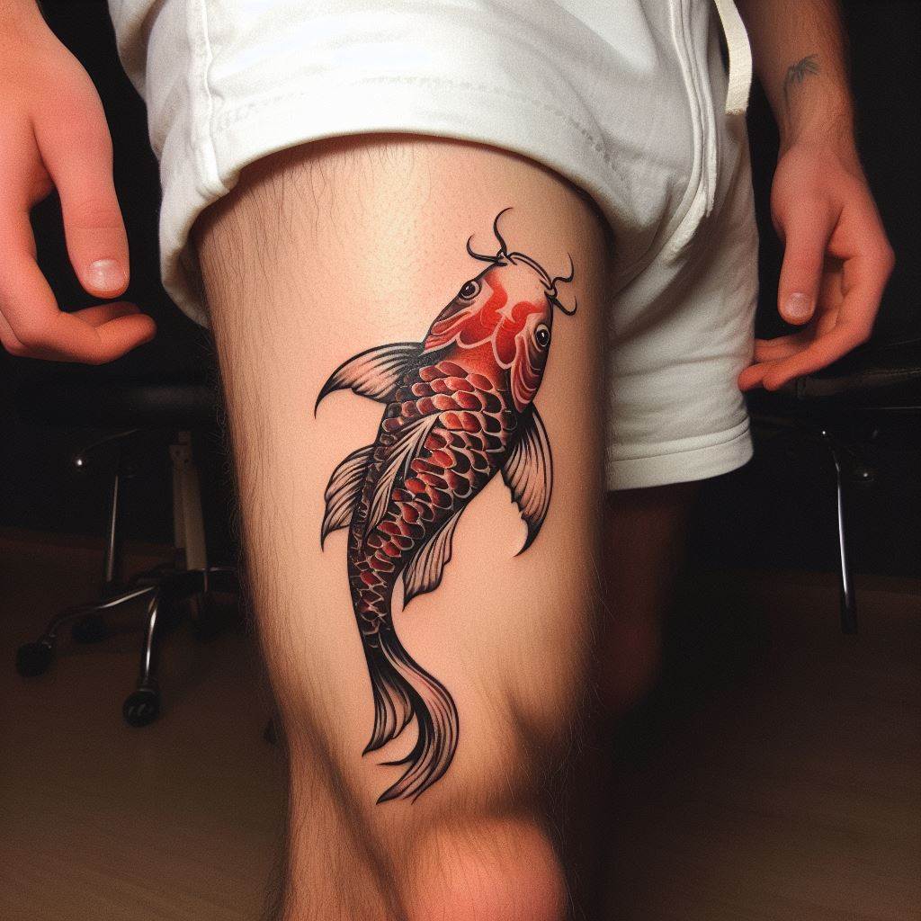A small, artistic tattoo of a koi fish on a man's thigh, symbolizing good fortune and perseverance.