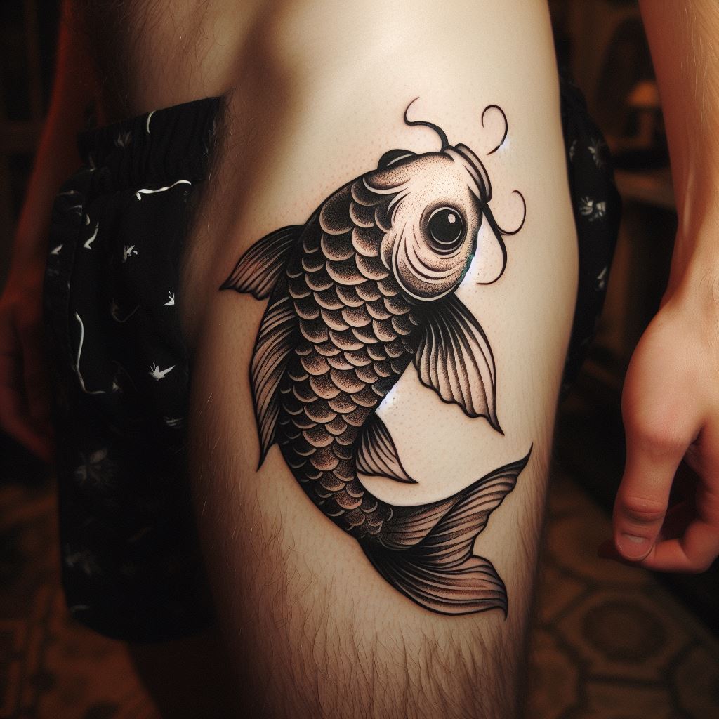 A small, artistic tattoo of a koi fish on a man's thigh, symbolizing good fortune and perseverance.