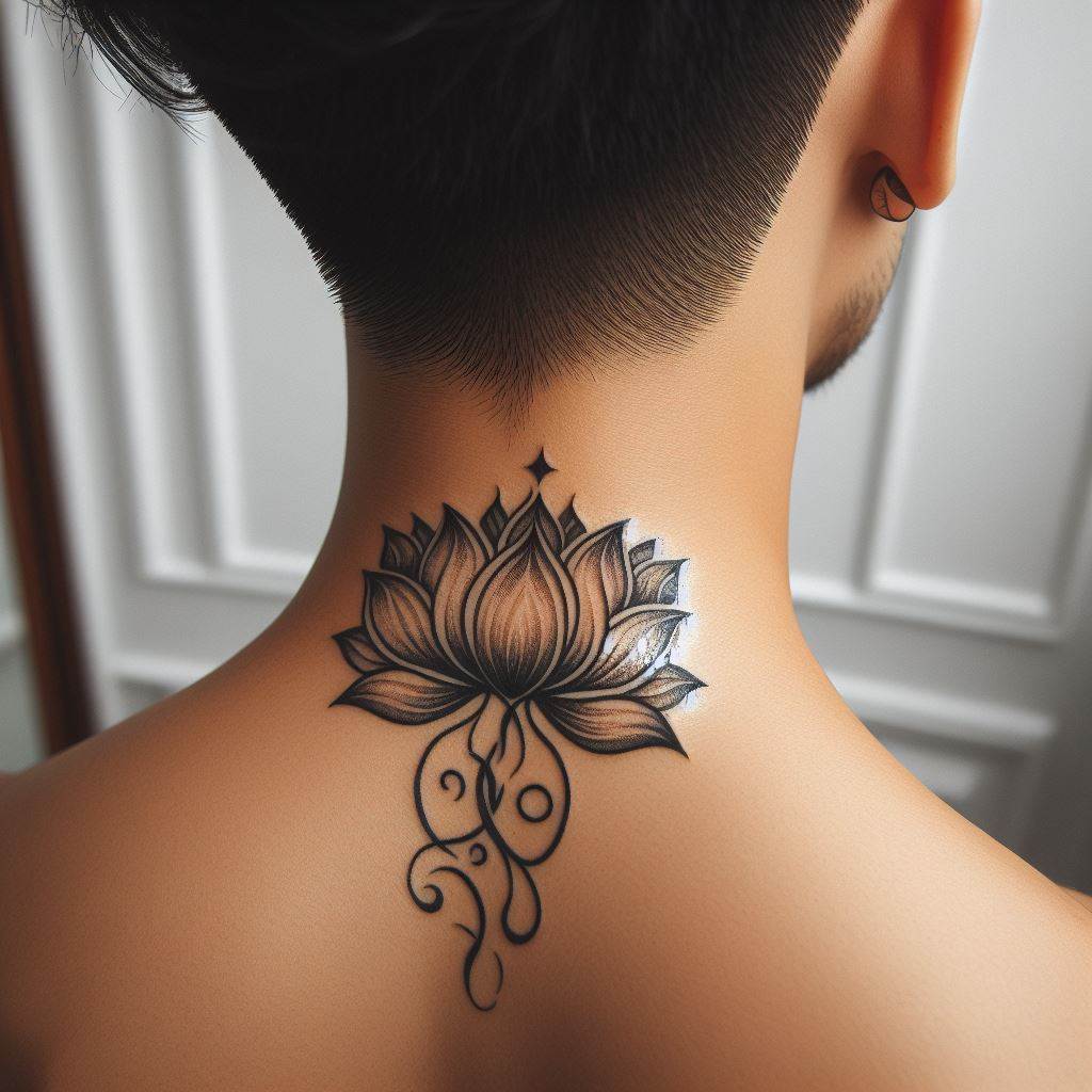 A small, elegant tattoo of a lotus flower at the nape of a man's neck, denoting purity and spiritual awakening.