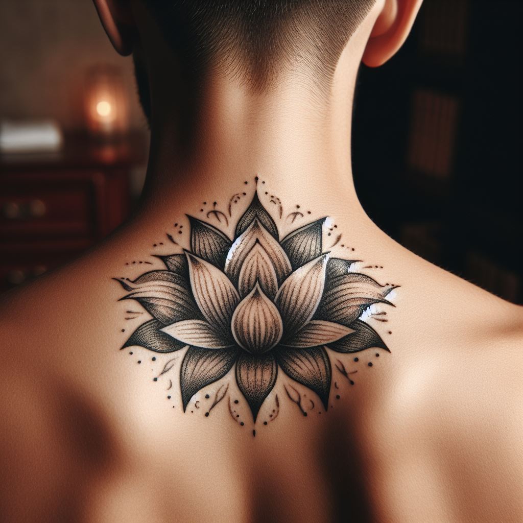 A small, elegant tattoo of a lotus flower at the nape of a man's neck, denoting purity and spiritual awakening.
