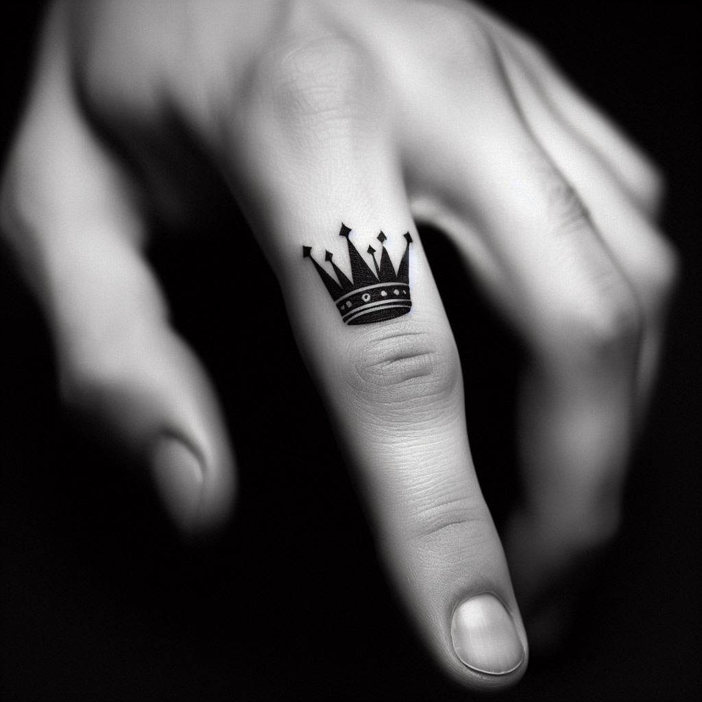 A small, striking tattoo of a crown on a man's forefinger, signifying leadership and authority.