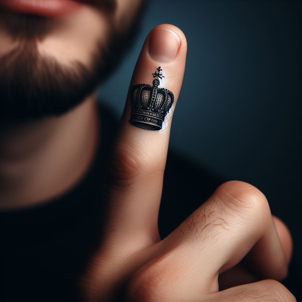 A small, striking tattoo of a crown on a man's forefinger, signifying leadership and authority.