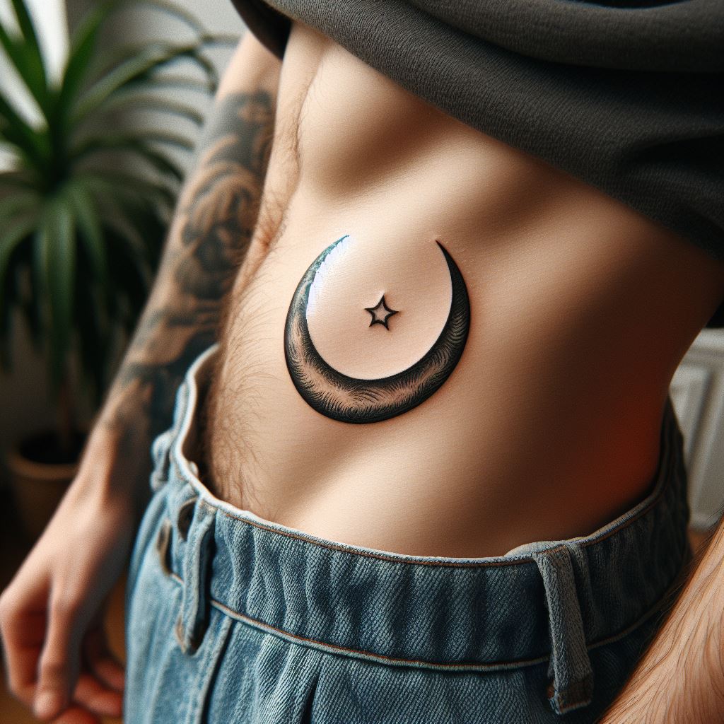A small, sensual tattoo of a crescent moon on a man's hip, reflecting mystery and the unseen.