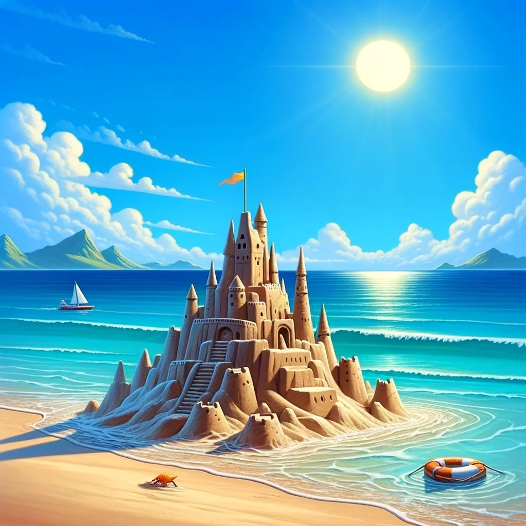A picturesque beach scene with crystal clear water and a bright sun in the sky. In the foreground, a sandcastle with a tiny flag on top. The caption reads, "When you realize your weekend project is just a sandcastle at Monday's high tide."