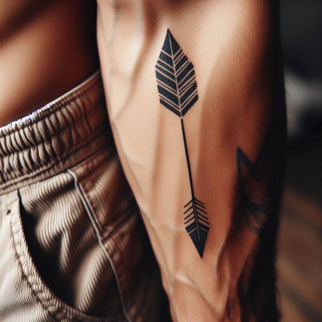 A small, captivating tattoo of an arrow on a man's lower arm, pointing forward to signify direction and purpose.