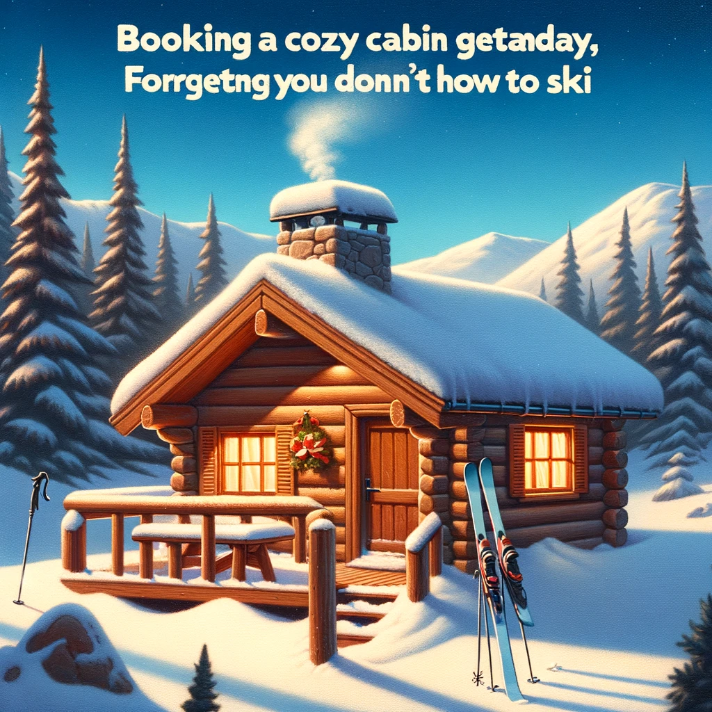 A mountain cabin covered in snow with a clear blue sky in the background. A pair of skis is leaned against the cabin. The caption reads, "Booking a cozy cabin getaway, forgetting you don't know how to ski."