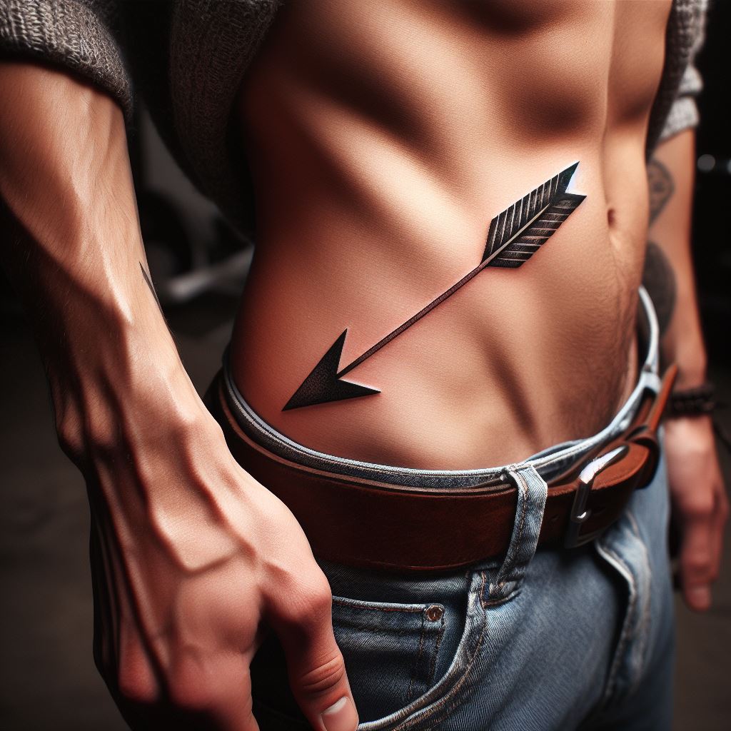 A small, captivating tattoo of an arrow on a man's lower arm, pointing forward to signify direction and purpose.