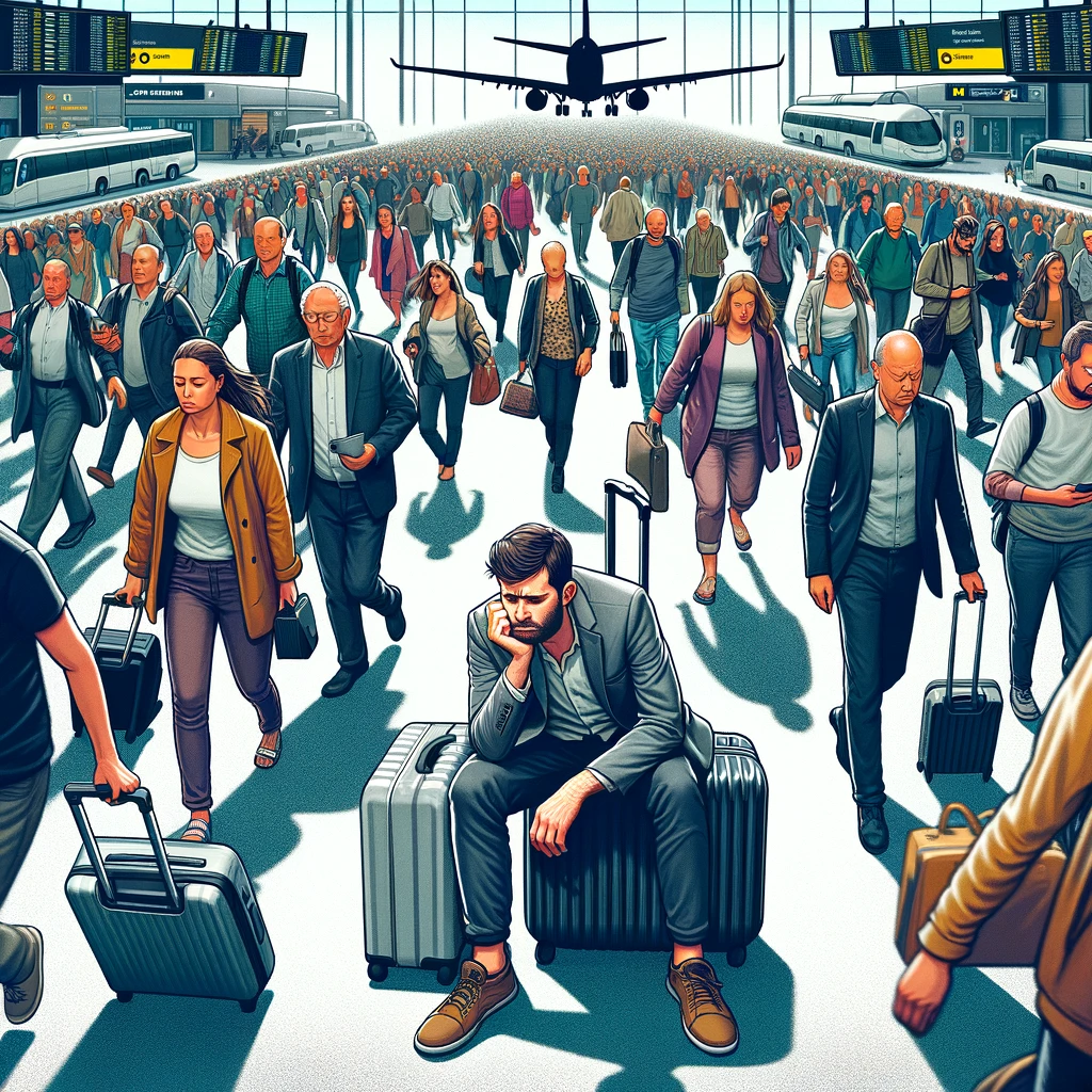 A crowded airport scene with people rushing in different directions. In the center, a traveler sits on a suitcase, looking defeated. The caption reads, "When your vacation starts with a canceled flight."