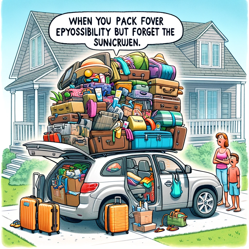 An overpacked car with suitcases and beach gear overflowing, parked in front of a house. A family stands beside it, looking puzzled. The caption reads, "When you pack for every possibility but forget the sunscreen."