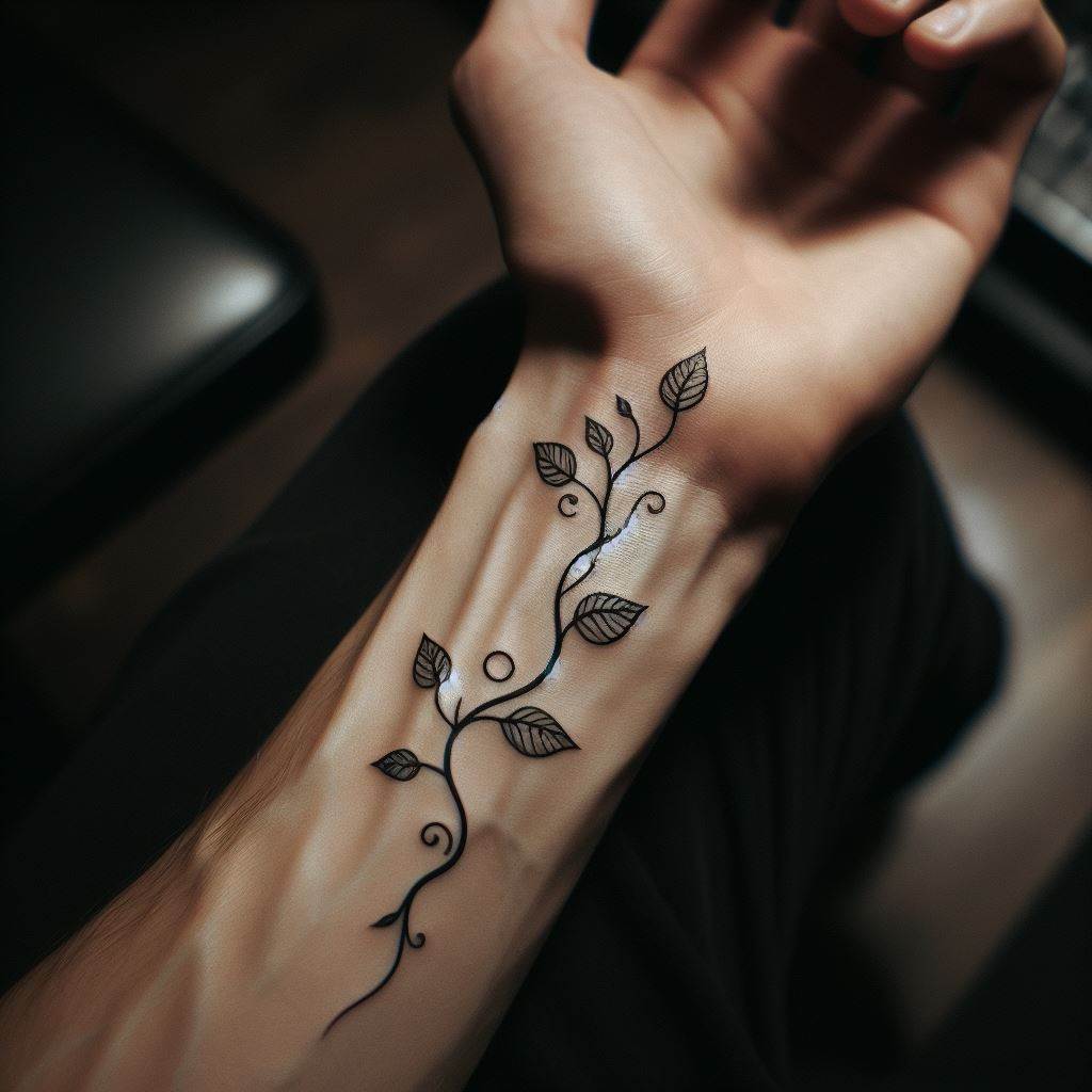 A small, connecting tattoo of a vine with leaves stretching from a man's wrist to his forearm, symbolizing growth and progress.