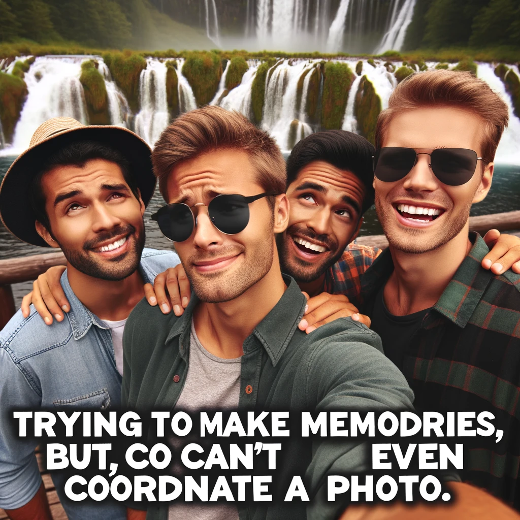 A group of friends posing for a selfie with a beautiful waterfall in the background. One friend is looking in the wrong direction. The caption reads, "Trying to make memories, but can't even coordinate a photo."