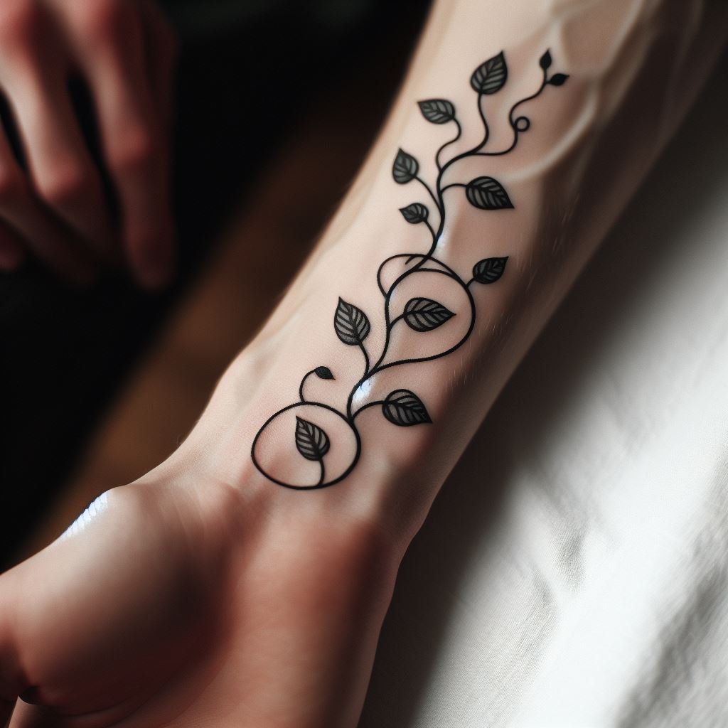 A small, connecting tattoo of a vine with leaves stretching from a man's wrist to his forearm, symbolizing growth and progress.