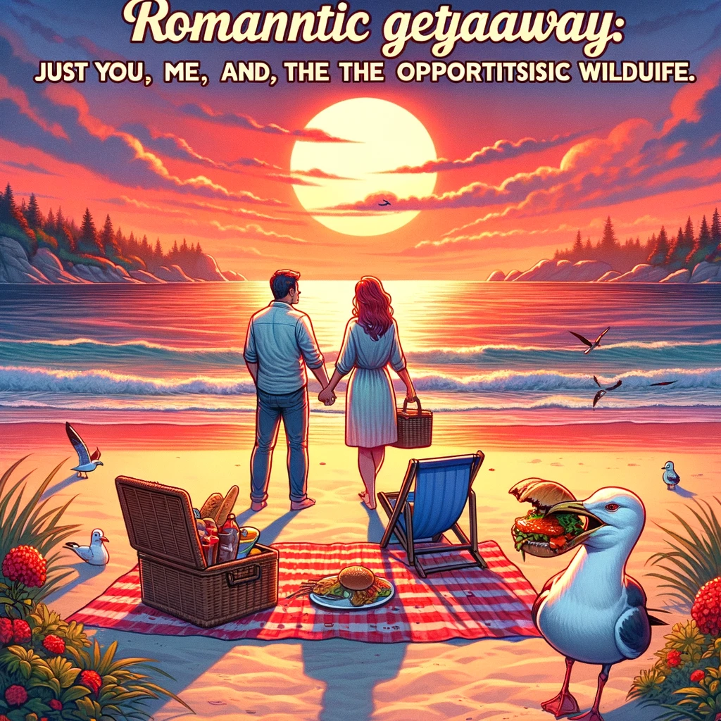 A picturesque sunset over the ocean with a couple holding hands on the beach. A seagull snatches food from their picnic basket. The caption reads, "Romantic getaway: just you, me, and the opportunistic wildlife."