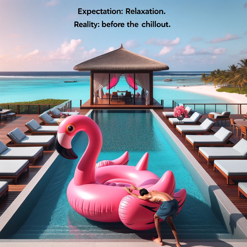 A luxurious resort pool with a view of the sea in the background. In the foreground, a person struggles to inflate a giant flamingo pool float. The caption reads, "Expectation: Relaxation. Reality: A workout before the chillout."