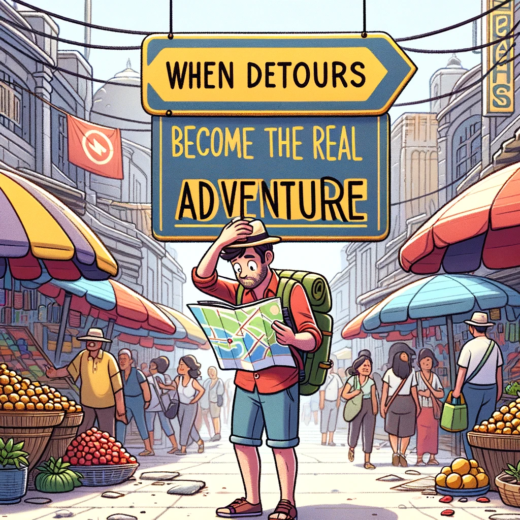 A tourist misreading a map and walking into a local market instead of the museum. The surroundings are vibrant and bustling. The caption reads, "When detours become the real adventure."
