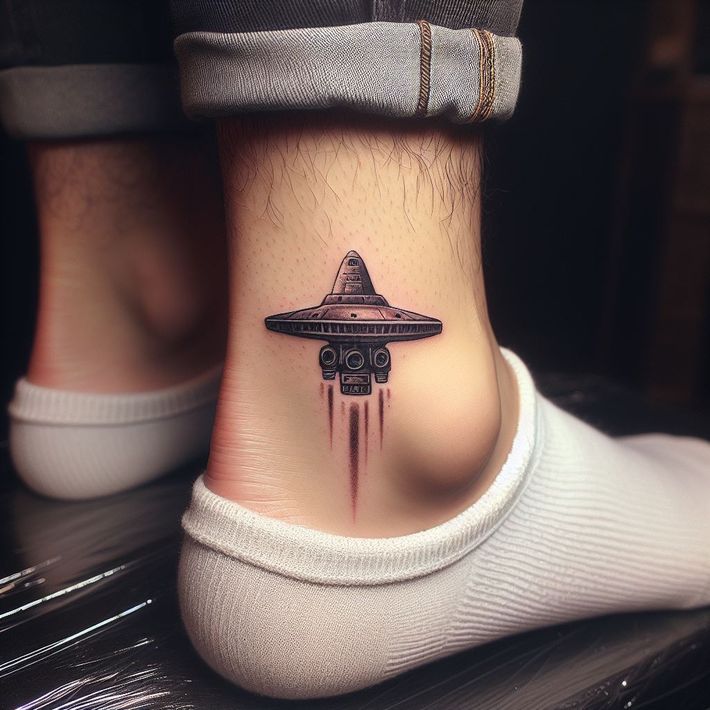 A small, charming tattoo of a tiny spaceship behind a man's ankle, evoking adventure and exploration beyond the earth.