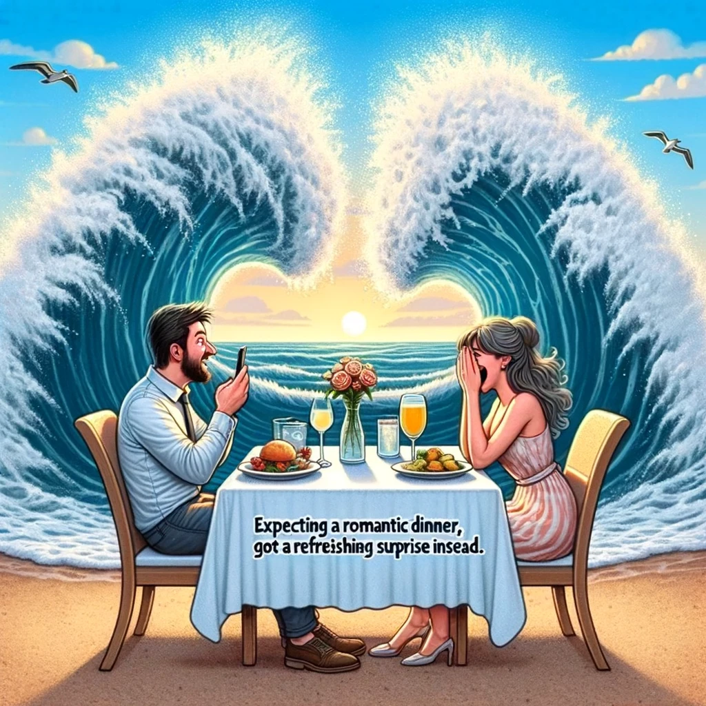A couple dining at a beachside restaurant, attempting to take a romantic photo, but a wave crashes over them. The caption reads, "Expecting a romantic dinner, got a refreshing surprise instead."
