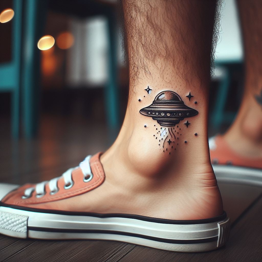 A small, charming tattoo of a tiny spaceship behind a man's ankle, evoking adventure and exploration beyond the earth.