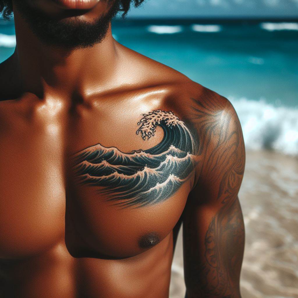 A small, flowing tattoo of ocean waves from a man's chest to his shoulder, embodying the strength and vastness of the sea.