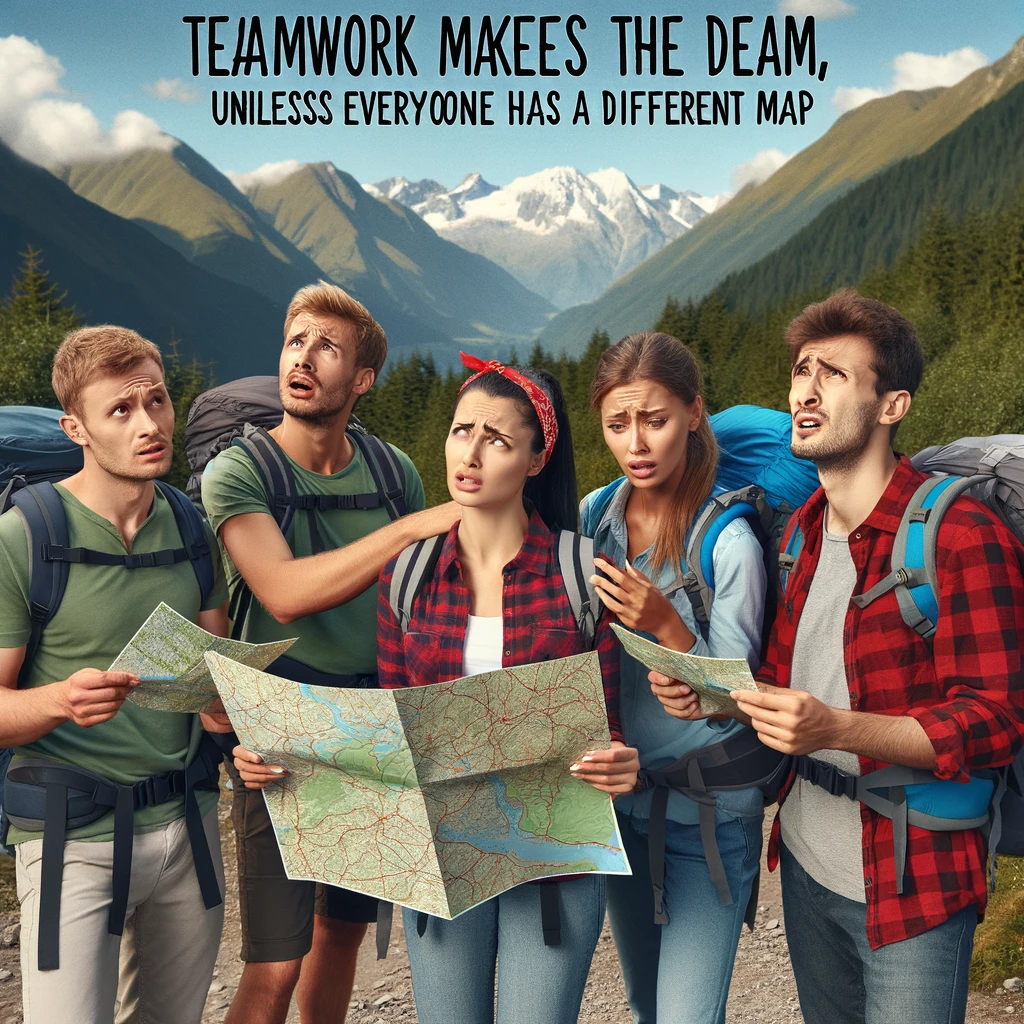 A group of tourists hiking in the mountains, all looking at different maps and looking confused. The caption reads, "Teamwork makes the dream work, unless everyone has a different map."